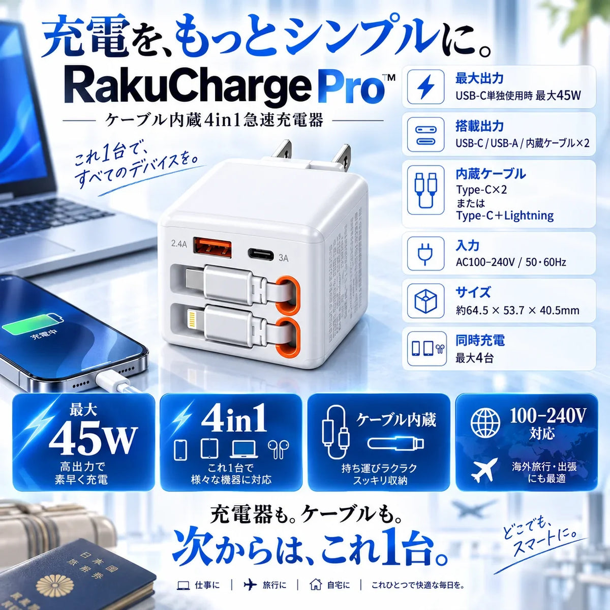 RakuCharge Pro™ ケーブル内蔵4in1急速充電器