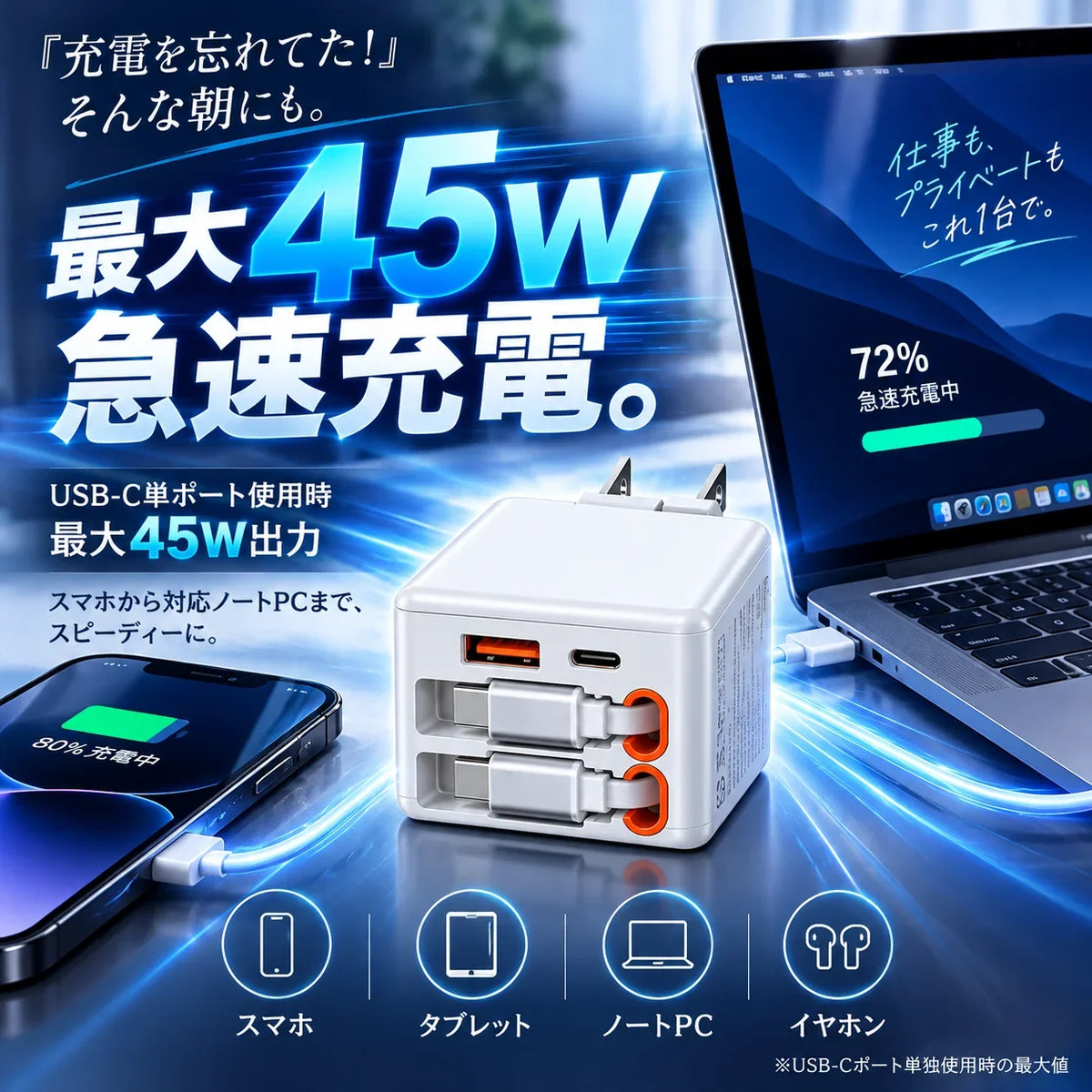 RakuCharge Pro™ ケーブル内蔵4in1急速充電器